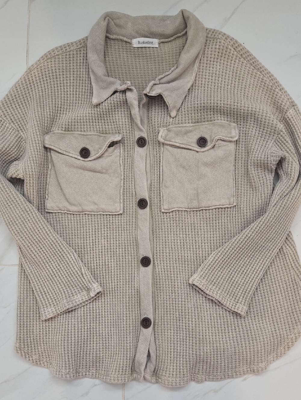 BUCKETLIST Women's Light Beige Waffle Knit Button Utility Jacket